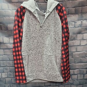 Gray with Checkered Red and Black Plaid Sleeves Hoodie